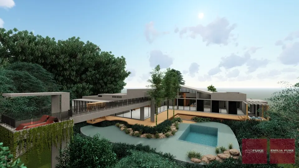 Projeto de arquitetura espetacular piscina natural e passarela nas árvores